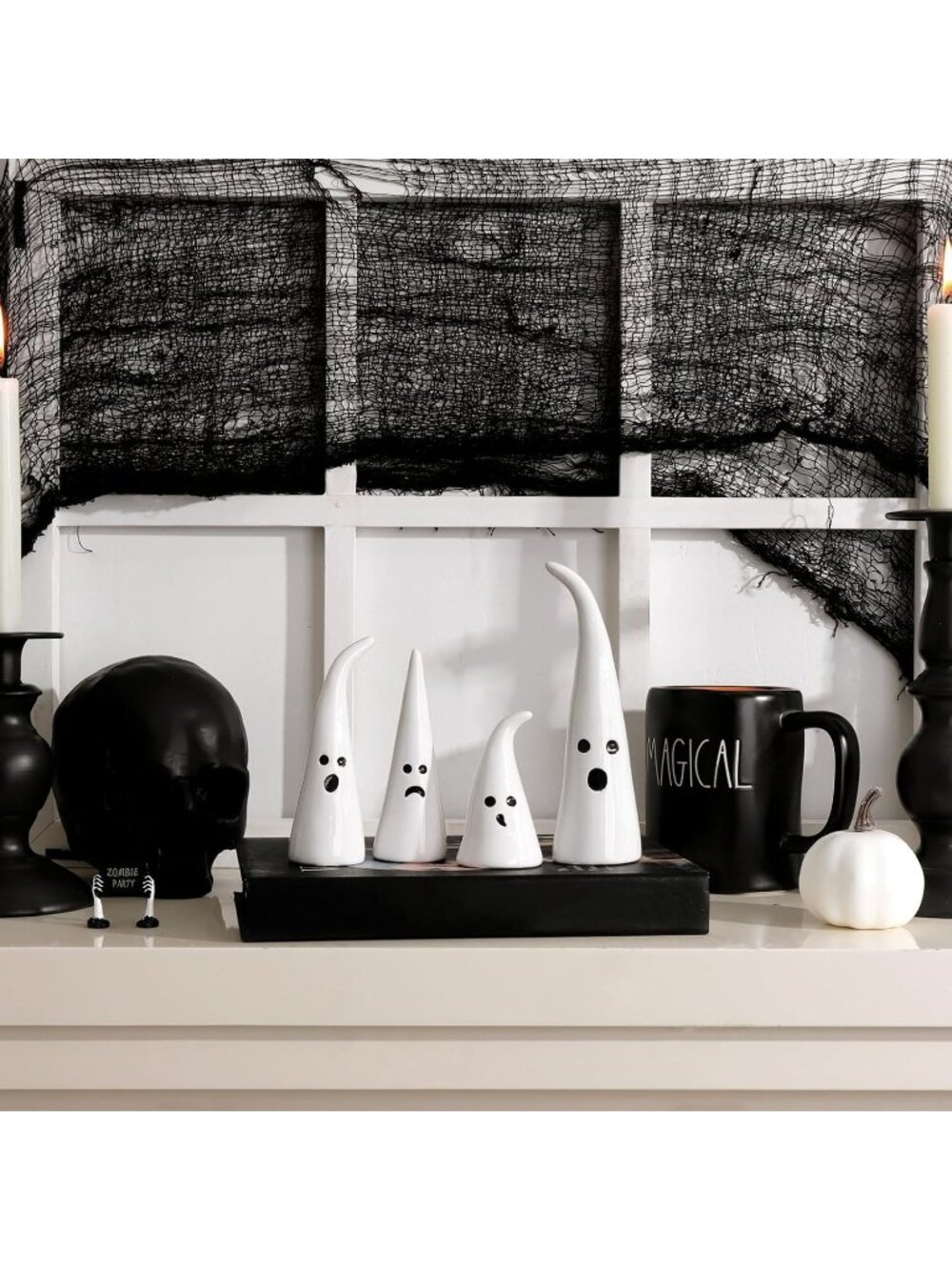4pc Ceramic Ghost Figurine with Witch Hat Halloween Farmhouse Tiered Tray Decor - Picture 5 of 6